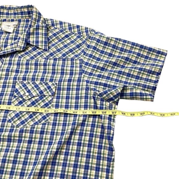 Wrangler Wrancher Pearl Snap Short Sleeve Blue Plaid Shirt Mens Size 2XT - Picture 3 of 11